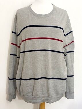 Club Room Gray Unisex Crewneck Sweater with Navy and Red Stripes Merino Wool 3XL